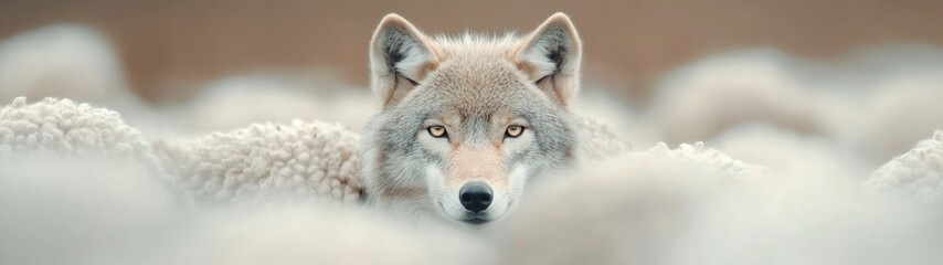 Wolf in Sheep's Clothing, a close-up view of a cunning wolf disguised as a sheep, minimalist backdrop emphasizing deception and simplicity, evoking intrigue and contrast.