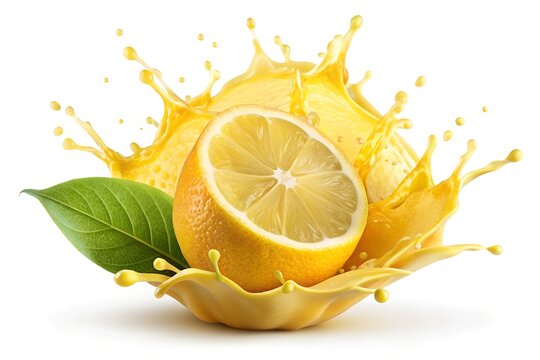 Fresh ripe lemon falls into a splash of juice, isolated on white background. Realistic 3d vector style illustration. Summer vitamin food and drink. Splash of lemon juice or smoothie, vitamin cocktail