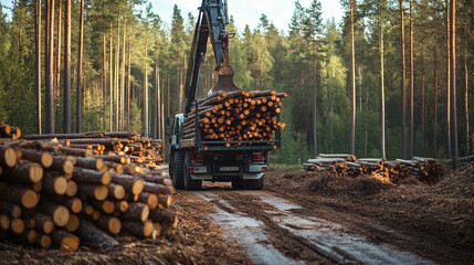 Harvester is loading pine trees.