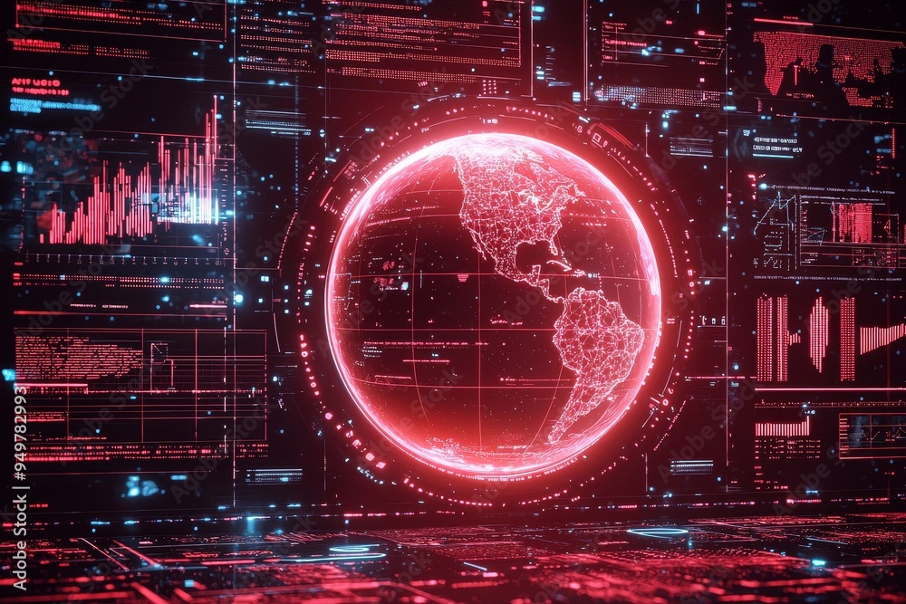 Poster A visualization of global stats data on a dark technological background with a world map in the center. A 3D rendering is used to depict the composition.
