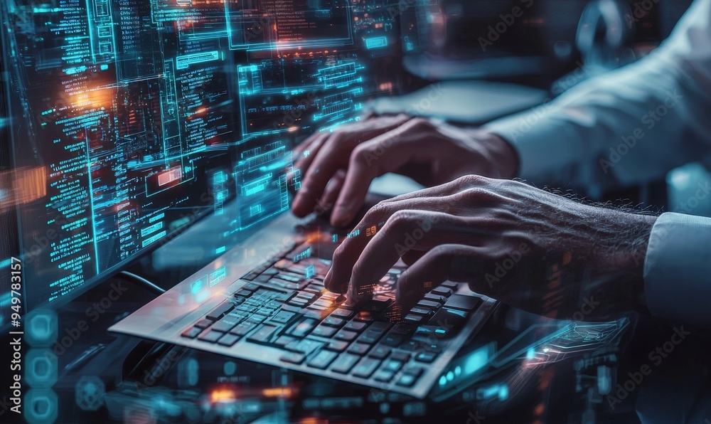 Poster Work comes to an end on a HUD touch screen interface, a business concept, a network of communication, a GUI (Graphical User Interface), and a future concept.