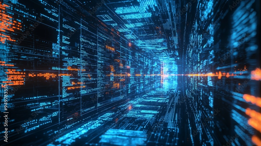Poster 3D rendering of an abstract network with random programming code, a concept of web and software development, future technology, digital connectivity, cyberspace.