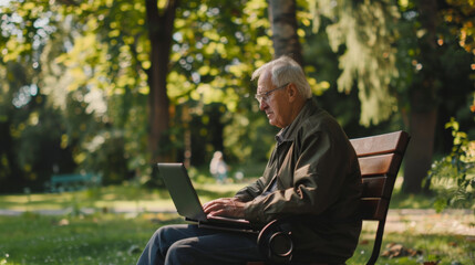 Obraz premium Senior Man Using Laptop for Video Call in Park - Technology Convenience for Elders