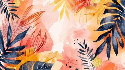 Modern abstract art. Watercolor floral illustration. Golden elements, watercolor painting, children's wallpaper. Hand drawn plants. Tropical, flowers. leaf.