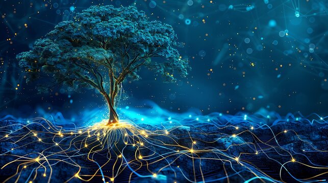 A conceptual illustration of a tree with roots extending into an abstract background of interconnected lines and patterns, symbolizing growth and connection. 8k UHD, suitable for high-quality 