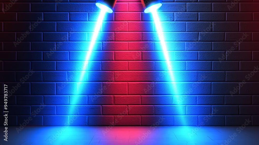 Poster a red and blue neon background on brick walls that are not plastered. lighting effect red and blue n