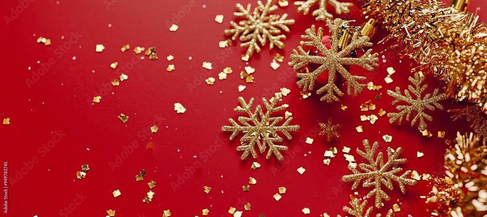 Aufkleber a glittery red xmas background with lights and snowflakes. a merry christmas banner is displayed on 