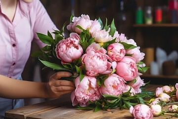 Female hands skillfully arranging a beautiful bouquet of peonies in a cozy flower shop setting during daylight hours