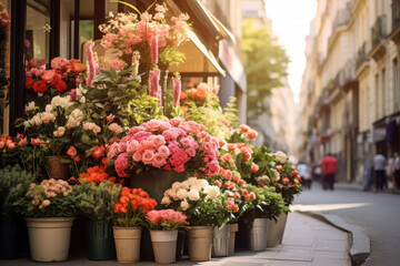 Floral market in a European street bustling with colorful flowers and lively shoppers during the warm afternoon light