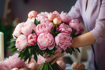A woman arranges a vibrant bouquet of peonies in a softly lit indoor setting, showcasing her floral artistry and craftsmanship