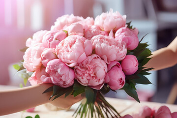 The flower seller passes a bouquet of peonies to the buyer