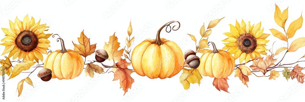 Poster Autumn harvest watercolor drawing, with pumpkins and sunflower flowers. Thanksgiving card decoration, autumn harvest festival.