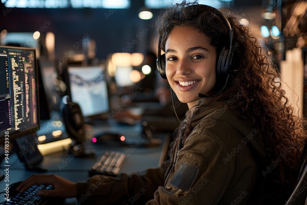 Poster A focused, dedicated female call center agent completing tasks on a computer located within a central customer service center.