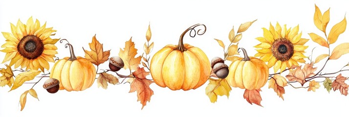 Fototapeta premium Autumn harvest watercolor drawing, with pumpkins and sunflower flowers. Thanksgiving card decoration, autumn harvest festival.