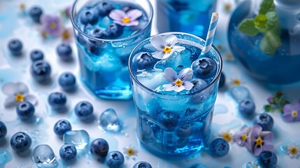 Refreshing blueberry floral mocktail closeup image. Vivid blue beverage with ice cubes, delicate edible flowers close up photography. Party non-alcoholic cocktail concept photo realistic