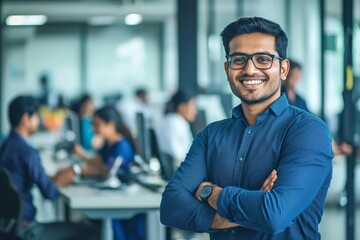 Standing with his arms crossed in a modern office for an IT company, a smiling Indian businessman smiles