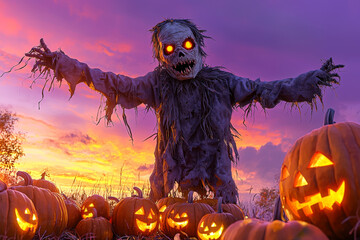 A Glowing Jack-o'-Lantern and a Scary Scarecrow at Sunset
