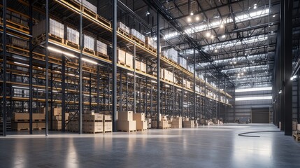 Fototapeta premium A large warehouse with many items. Rows of shelves with boxes. Logistics. Inventory management, order fulfillment or space planning. Illustrations for advertising, marketing, or presentations.