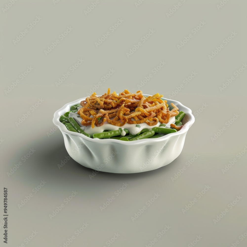 Canvas Prints Green beans casserole with crispy fried onions in a white dish.