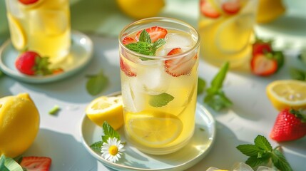 Fototapeta premium Refreshing lemon strawberry drink with mint closeup image. Beverage served with ice cubes, white daisy on sunny day close up photography. Summer refreshment concept photo realistic