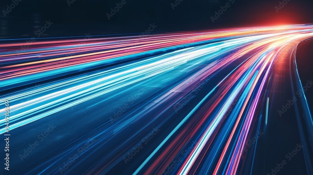 Aufkleber motion blur of a speed light line on a dark background blue to red lights: stock