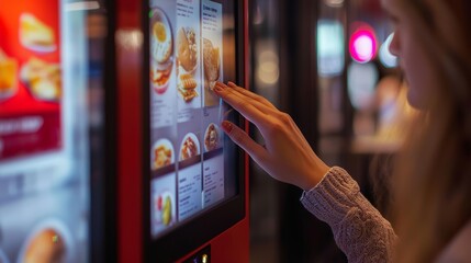A customer's hand touches a touch screen to order food and pay electronically: stock