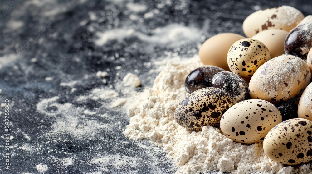 Poster a high quality photo of quail eggs on a light background with copy space