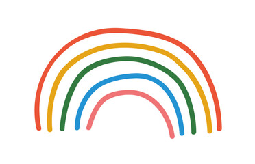 Cute doodle rainbow, colorful arched lines. Kids drawn arc, design element in naive style. Scribble sketch drawing, decoration. Simple colored flat vector illustration isolated on white background