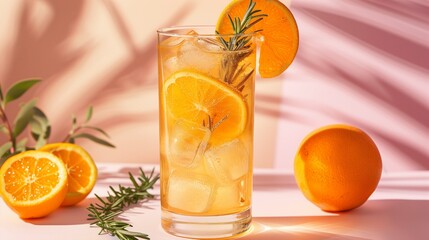 Fototapeta premium Citrus cocktail with rosemary against pink closeup image. Summery beverage garnished with fresh orange slices beverage close up photography. Party mocktail concept photo realistic