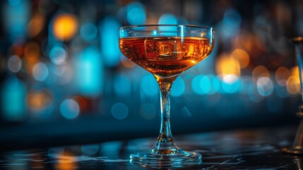 Sophisticated amber cocktail served in coupe glass closeup image. Blue orange bokeh beverage simplicity of presentation close up photography. Party mocktail concept photo realistic