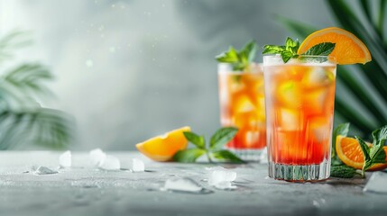 Fototapeta premium Refreshing iced orange drinks with mint image copy space. Cooling beverages tall glasses summertime banner background blurred. Tropical party mocktail concept photography copyspace