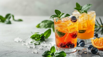 Fototapeta premium Berry and citrus infused cocktails with basil image copy space. Scattered ice cubes blueberries drinks banner background blurred. Tropical party mocktail concept photography copyspace