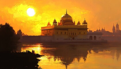 Obraz premium Enchanting Golden Temple Illustration: Mystical Sikh Shrine in Amritsar. Vibrant Fantasy Concept Art Blending Cultural Heritage and Imagination, Perfect for Travel Inspiration, Spiritual Exploration, 