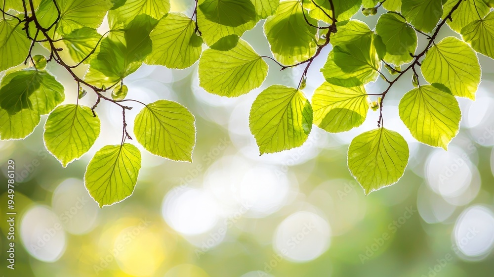 Poster beautiful nature view of green leaf on blurred greenery background in garden and sunlight with copy 