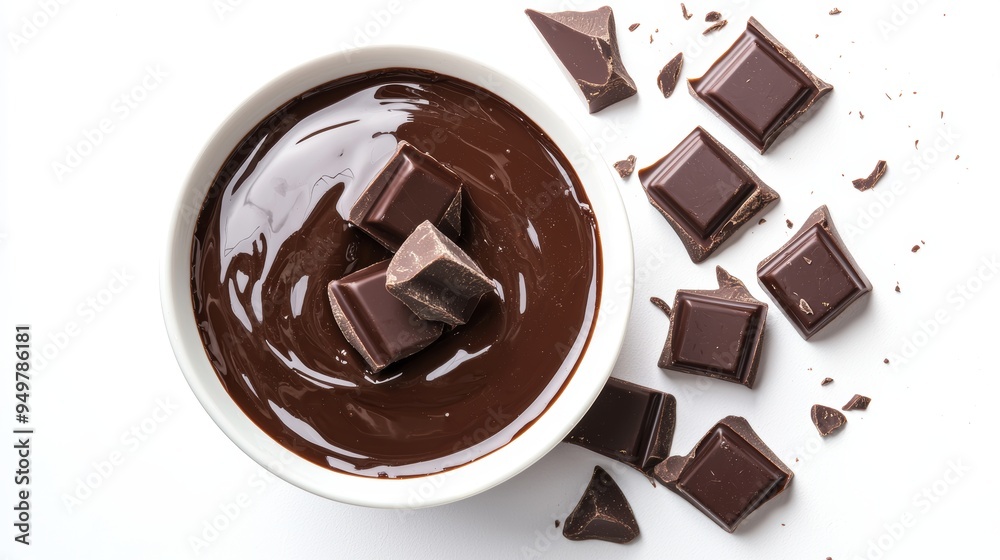 Poster An isolated top view of a bowl of melted milk chocolate and broken pieces of chocolate bar is shown on a white background.