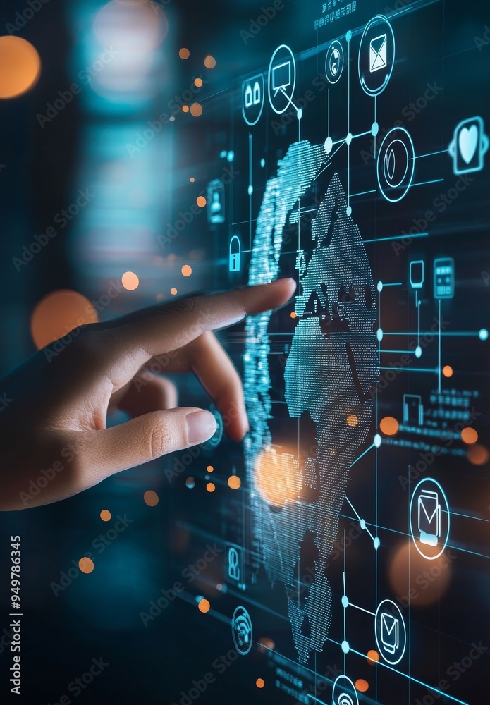 Poster connected tech devices and icons on digital planet earth