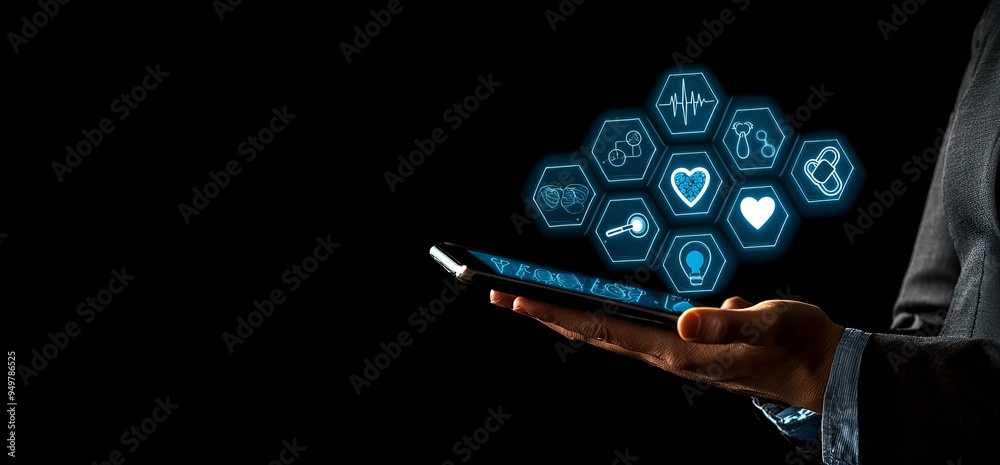 Poster an image of a businessman holding a medical icon and a connection in 3d