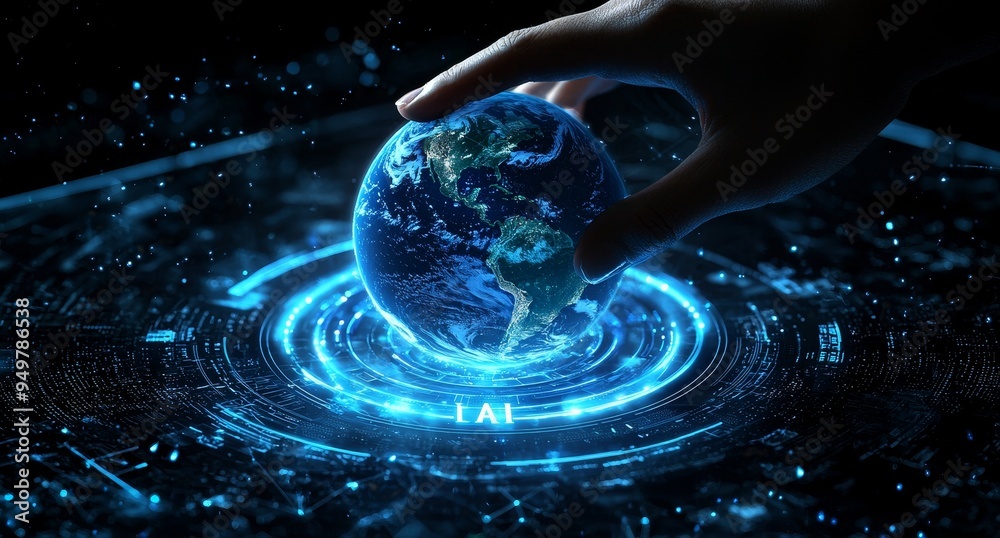 Leinwandbilder an interface for the flying earth network is activated by a 3d rendering of a businessman