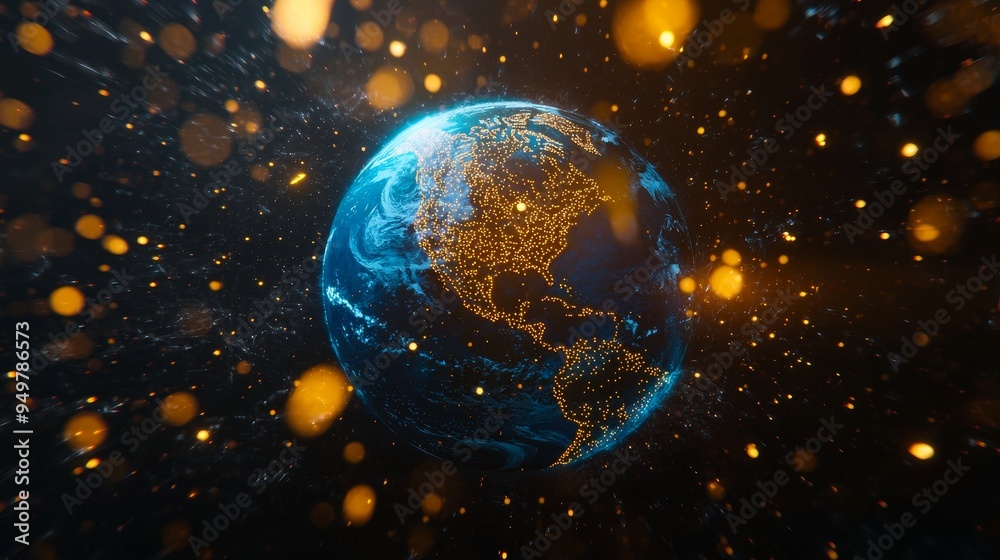 Fototapete a 3d render of an abstract globe with textures in detail. particles abound. countries borders can be