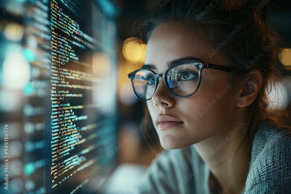 Poster a close-up of a beautiful girl wearing glasses working on a futuristic computer with holograms. conc