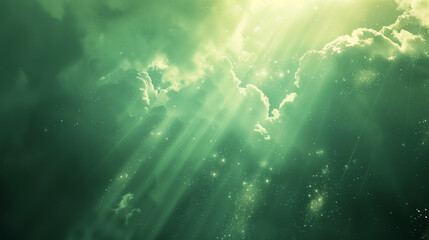 Sun Beams Shining Through Ominous Green Clouds. Background. Wallpaper.