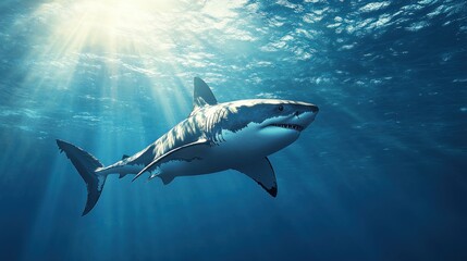 Naklejka premium Great White Shark Swimming Through Sunbeams in the Ocean