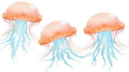 Multicolored Jellyfish in Pastel Blue and Pink, Watercolor on a White Background.