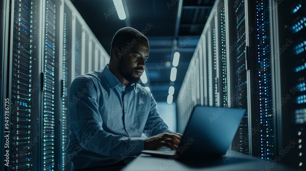 Poster An IT technician in a black Data Center examines working server cabinets with a laptop computer as he walks through the server rack corridor.