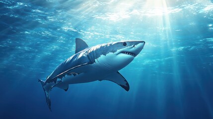 Fototapeta premium Great White Shark Swimming Underwater in Sunlight