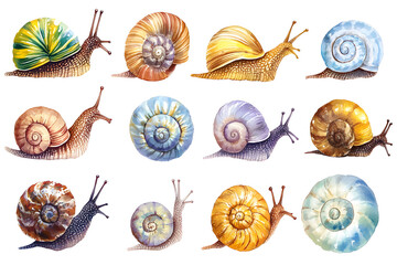 Multicolored snail watercolor collection isolated on white background
