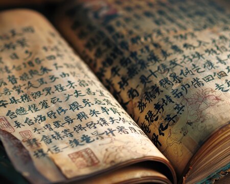 Ancient Wisdom: A close-up shot of a weathered, antique book with pages filled with intricate, handwritten characters, evoking a sense of history, knowledge, and mystery.  