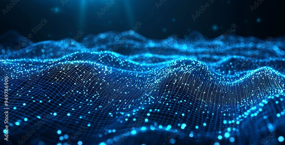 Poster Intricate wave line design with dot points and gradient line, internationalization social network or business big data connection concept.