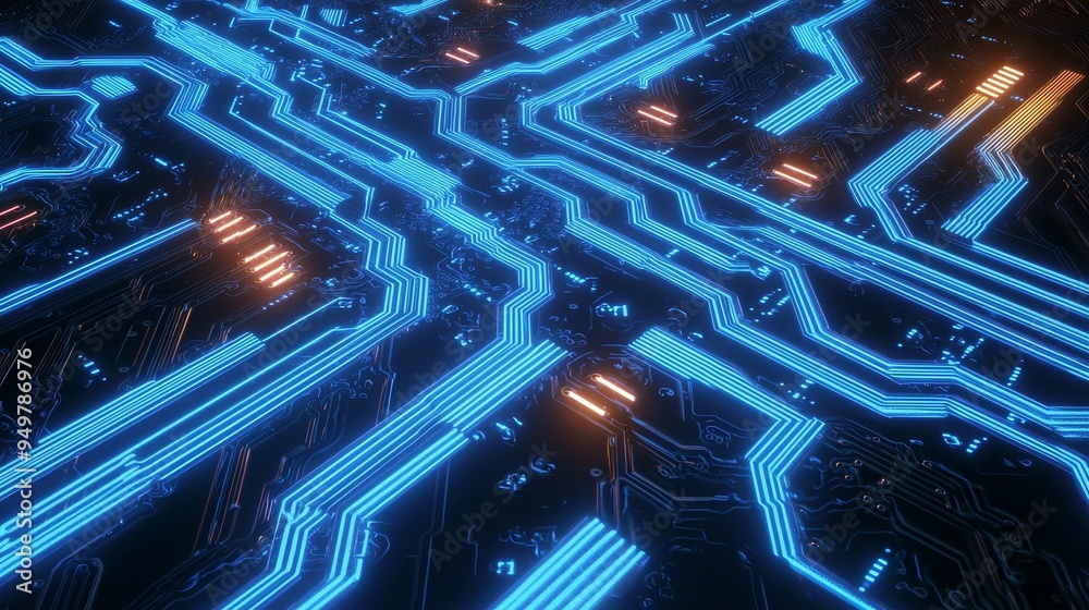 Poster An illustration of 3D binary data on a microchip with a glow circuit board background. Concept for deep learning, crypto currency, high technology. Data visualization, data processing.