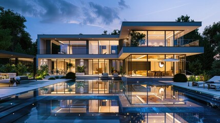Obraz premium Modern luxury home with pool and garden at blue hour, generative ai